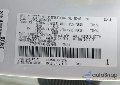 2020 Toyota Tundra Sr5 from USA, damaged, VIN 5TFRY5F14LX263648